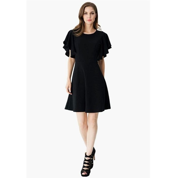 Size XXL‎ 1X 16 BLACK CREPE FLUTTER SLEEVE SKATER DRESS Wedding Party PLUS SIZE - Picture 11 of 11